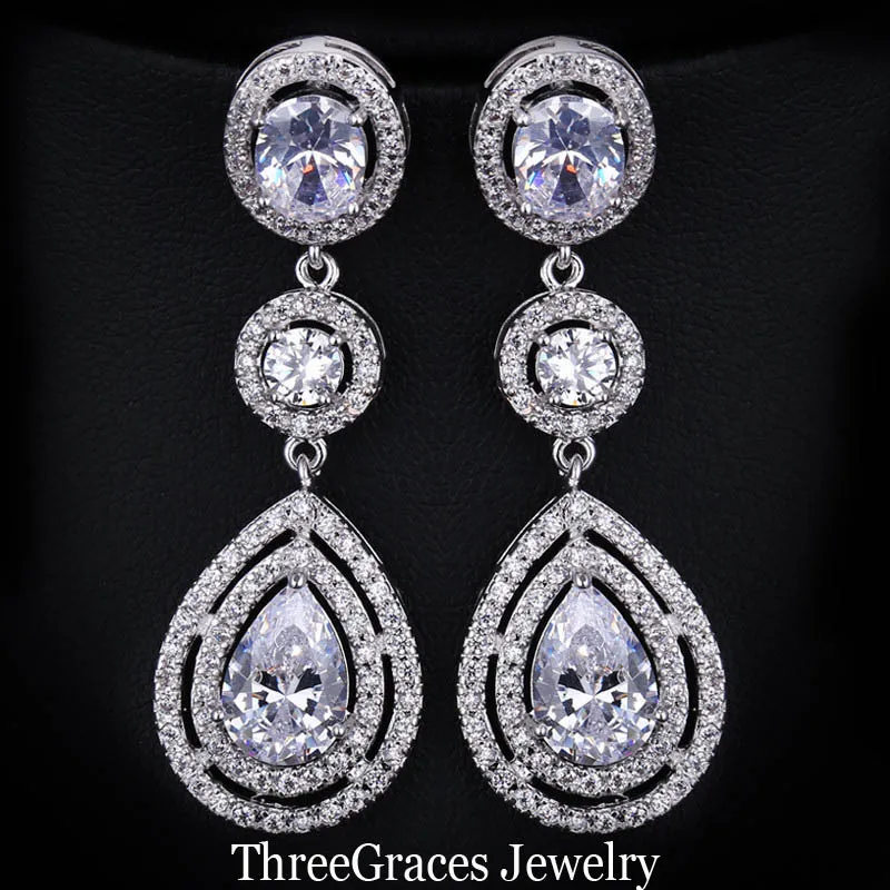 ThreeGraces элегантные Micro Pave AAA+ CZ камень Длинные Большой Королевский синий кристалл свадебные серьги, ювелирные изделия для невест E0113 - Окраска металла: white