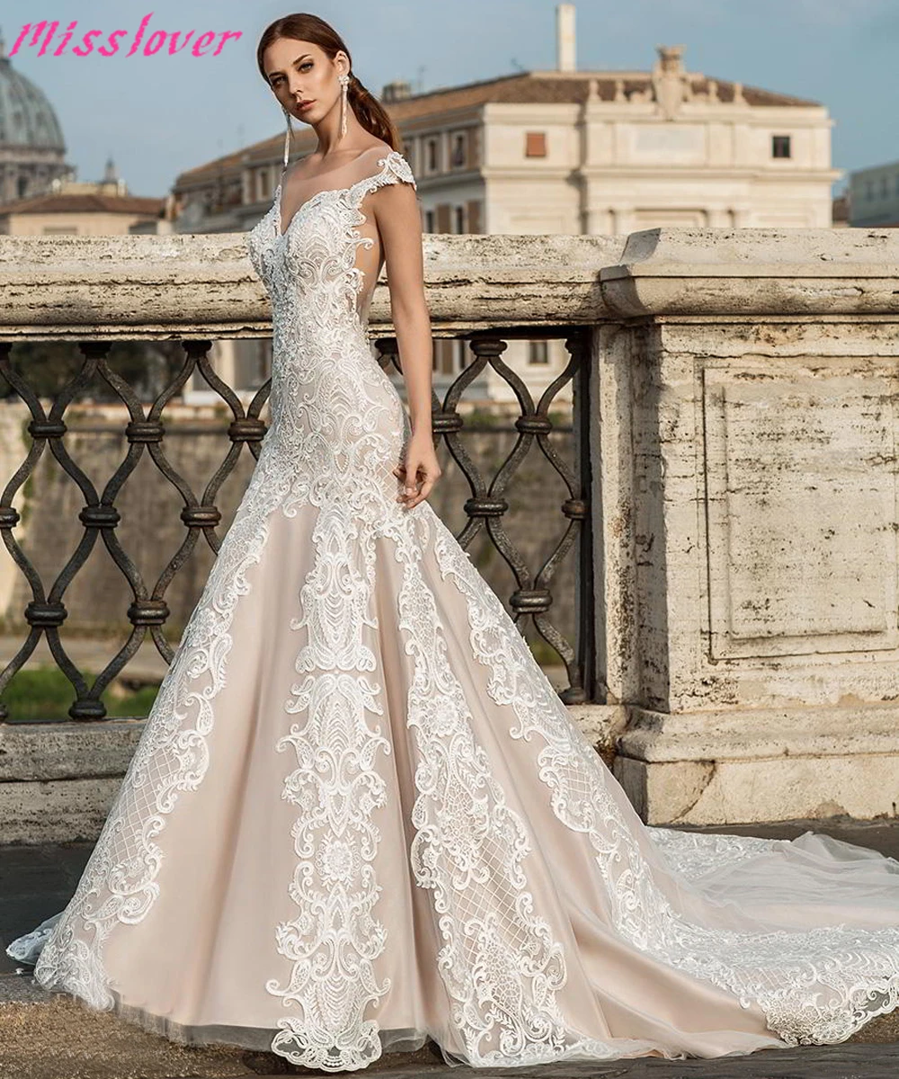 

Appliques Vestido De Noiva Luxury Vintage lace Mermaid Bride Wedding Dress 2019 new Bridal Gown Sexy Illusion Robe de mariee