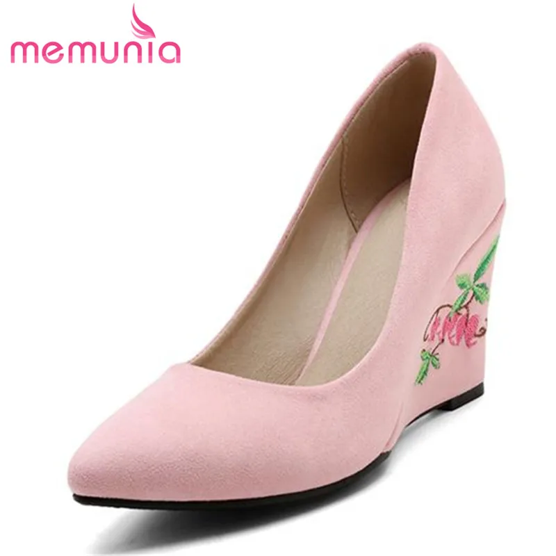 

MEMUNIA China's style wedding shoes shallow single beautiful women pumps big size 34-48 wedges shoes flock nubuck leather