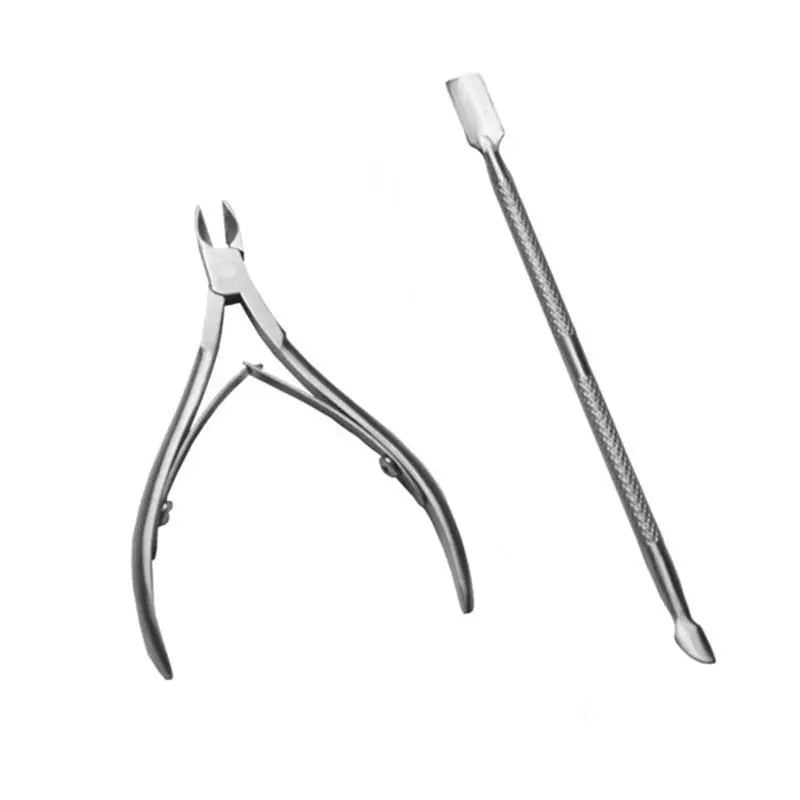 2pcs Cuticle Cutter Trimmer Kit Nail Pusher Stainless Steel Durable