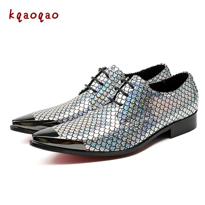 kqaoqao Zapatos Hombre Fish Skin Pattern Men Shoes Silver Shiny Real