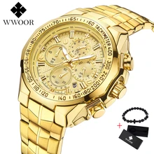 WWOOR Brand Luxury Big Dial Men Watch Military Quartz Watch Stainless Steel Casual Sport Business Gold Wristwatch Men’s Clock