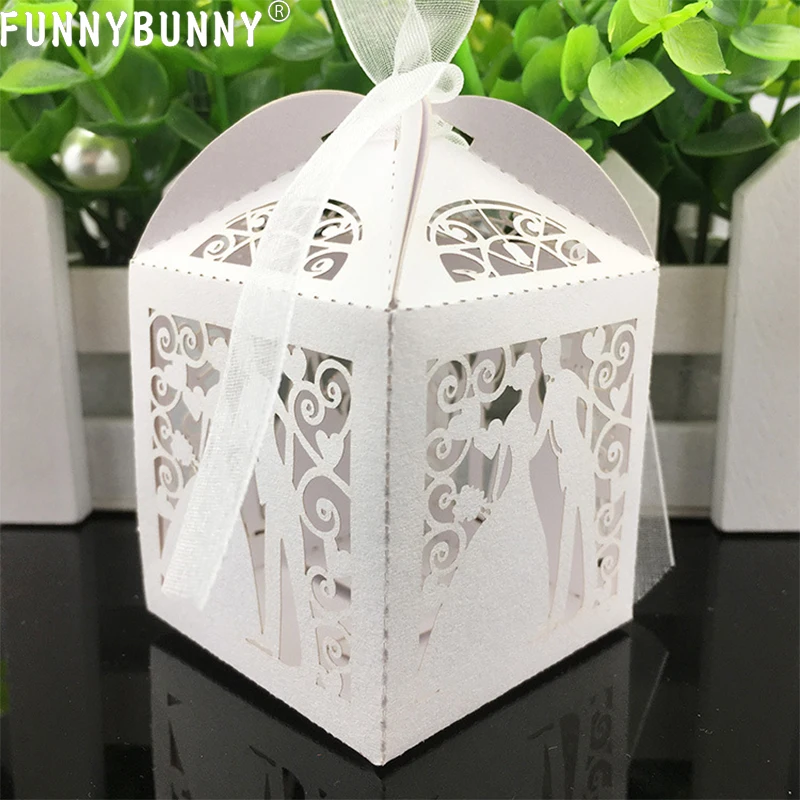 

FUNNYBUNNY 10 PCS Laser Cut Pearl Paper Party Wedding Favor Ribbon Candy Boxes Gift Box Wedding Favors and Gifts