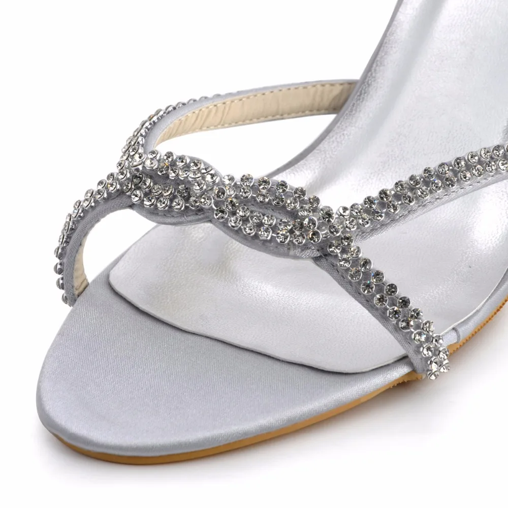 Женские летние босоножки на высоком каблуке EP2056, серебряного цветов с открытым носом со стразами для невесты или подружки невесты; атласная Свадебная вечеринка выпускной вечер;