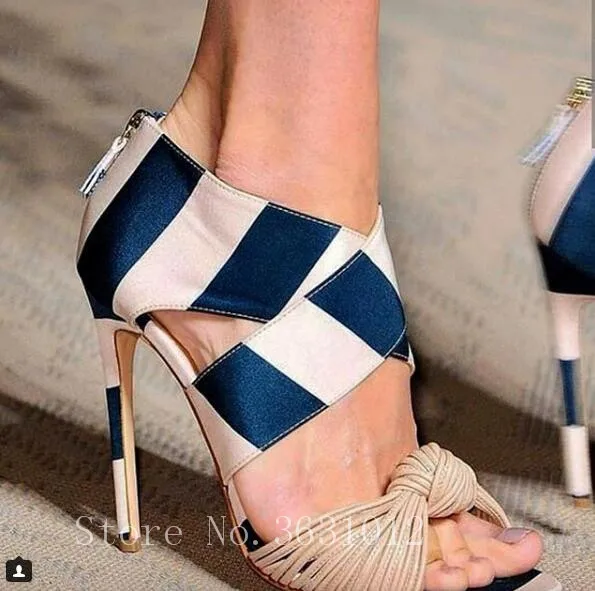 

2019 Summer Knot Bow Mixed Colors Women Sandals Open Toe Sexy High Heels Side Zipper Cross Stripes Sexy Party Club Stiletto