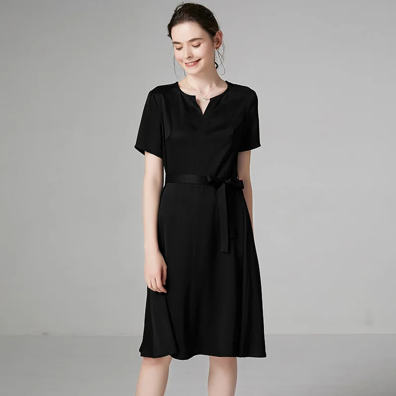

PIXY Summer Acetate Midi Dress Women Belt Casual Little Black Dresses Short Sleeve V Neck za sukienka Soft Ladies vestidos robe