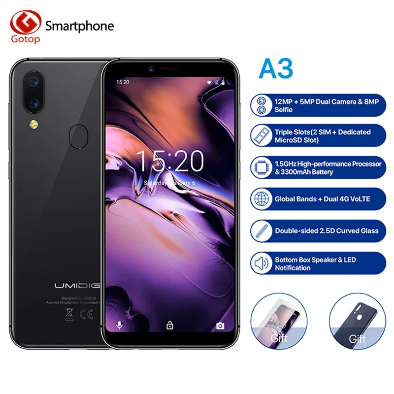 UMIDIGI A3 Global Band 5.5"incell HD+display 2GB+16GB smartphone MT6739 Quad core Android 8.1 12MP+5MP Face Dual 4G Mobile phone