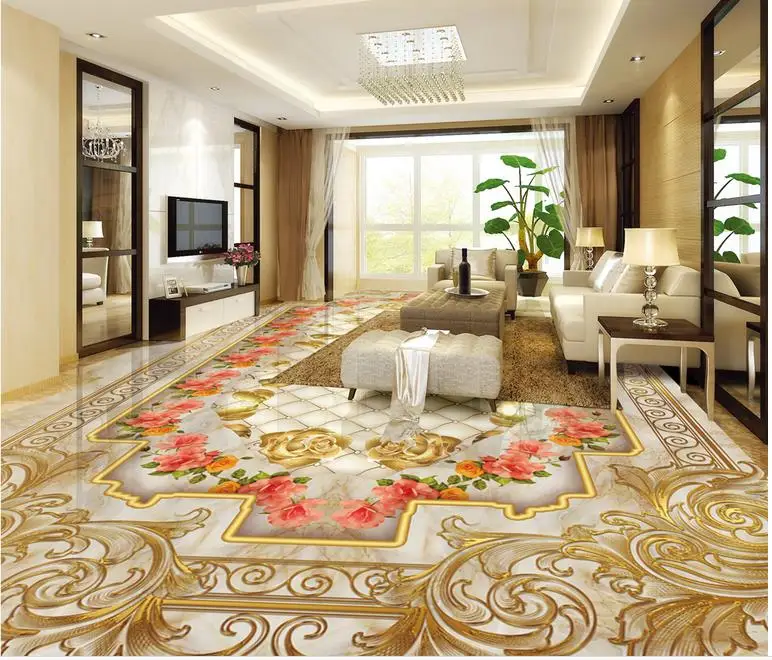customized 3d flooring pvc self adhesive wallpaper Deluxe Golden Rose 3d floor tiles kitchen 