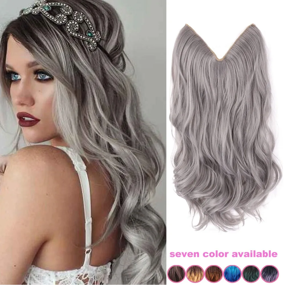 20'' inch grey silver hair no clip hair extension brazilian natural wave invisible synthetic hair extension flip in fantasy hair