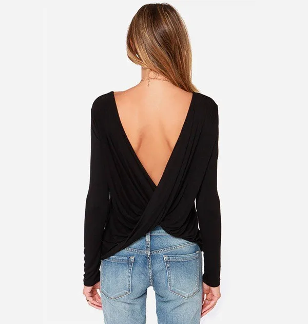 Open Back Criss Cross Drape Cowl Top Women Slash Neck Cotton T