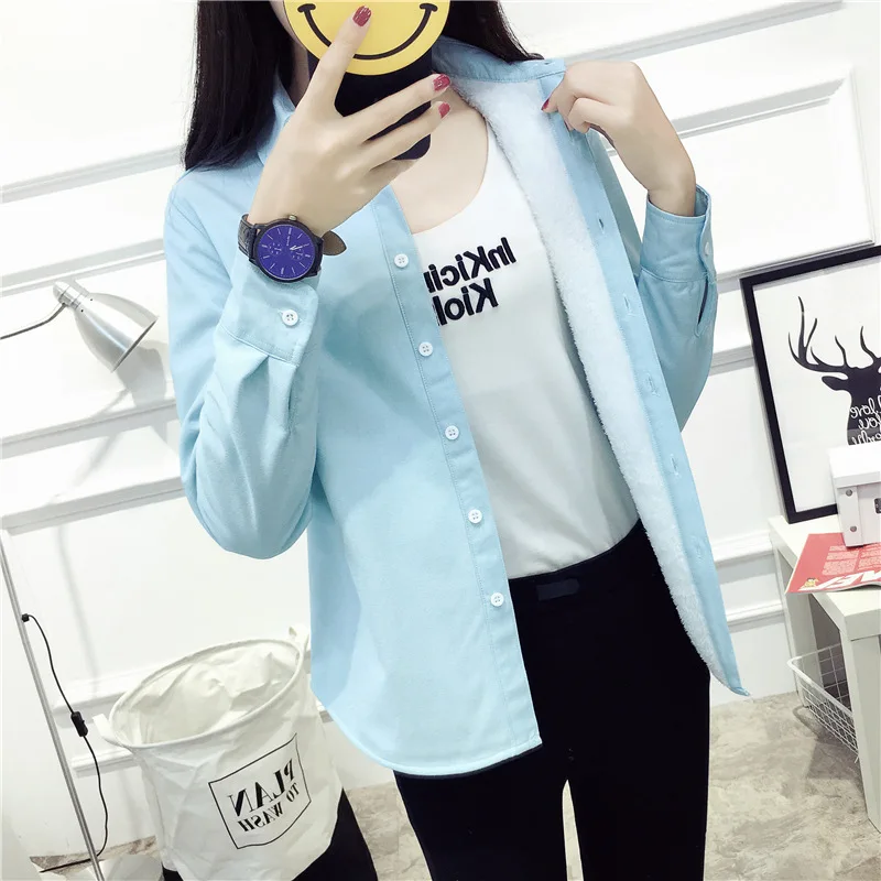 

Autumn And Winter Women Oxford Velvet Shirt Long Sleeve Thick Blouse Coral Fleece Shirt 5 Colors