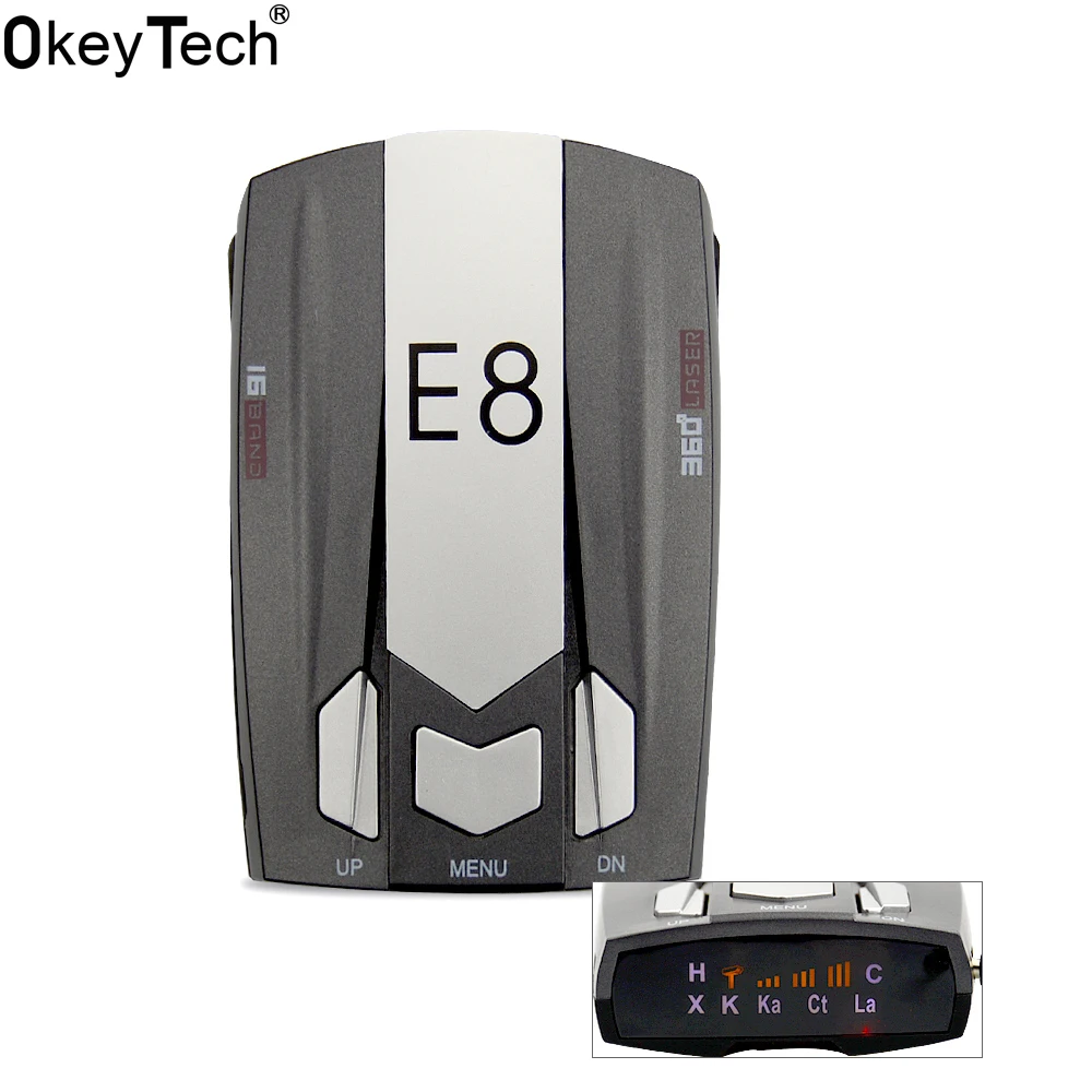 OkeyTecch E8 Лучший дешевый металлический автомобильный радар детектор полный