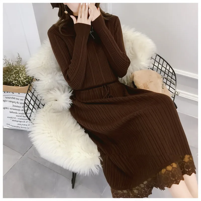 New Knit Midi Dress Women Autumn Long Sleeve Solid Knitting Dresses Female Turtleneck Lace Patchwork Party Dress Casual Clothes - Цвет: D00291 coffee