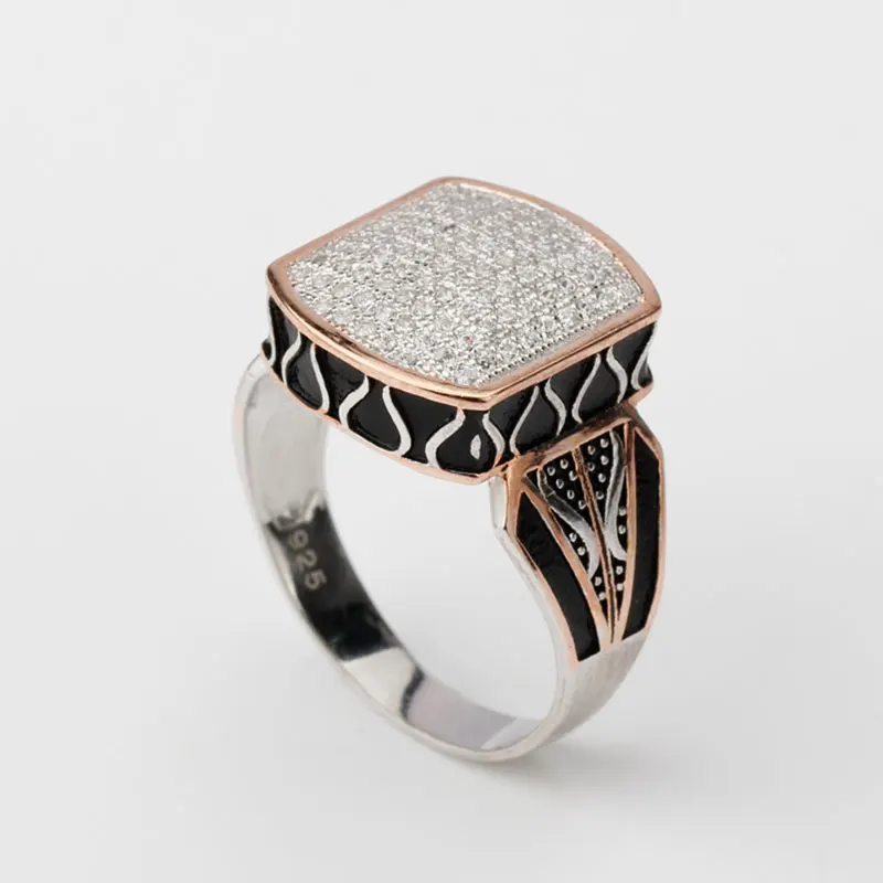 

Men Ring 925 Silver Geometric Shape Pave Setting Zircon Stone Gold Color Punk Finger Ring For Male Female Jewelry