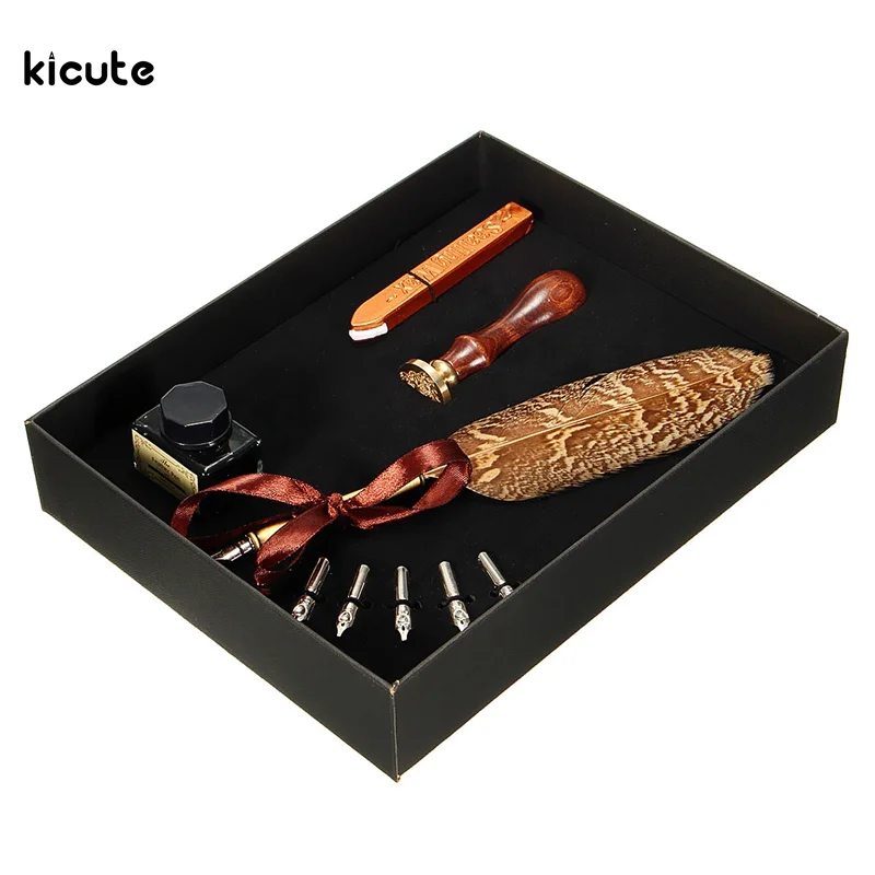

Unique Black Retro Quill Feather Dip Pen Writing Ink Set Stationery Gift Box with 5 Nib Weax Gift Box Quill Pen Fountain Pen Set