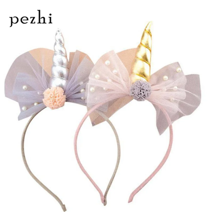 

New children's mesh pearl unicorn headband fashion simple girl's head buckle headwear