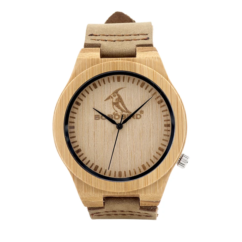 BOBO BIRD L-L07 Bamboo Wooden Watches Male with Brand Design on the Front and Wide Leather Strap Men Clocks