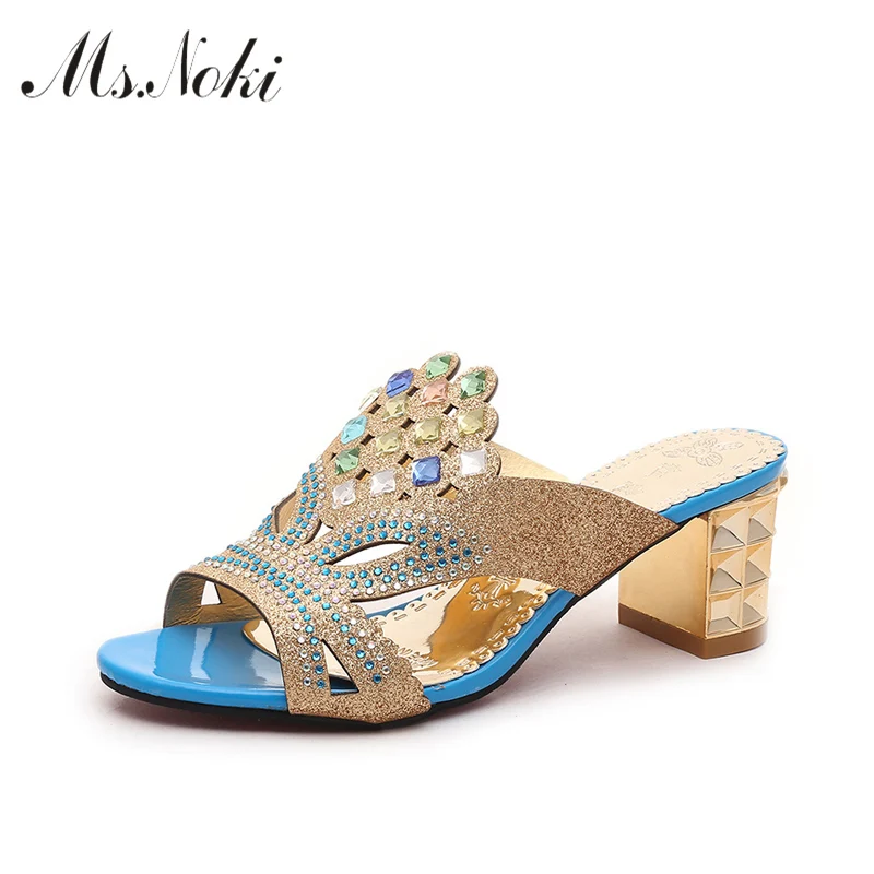 

Slippers Women Ladies shoes Slip On Slider Crystal Square Heel Fashion Female Casual Slipper BlingBling Sandal Golden Ms.Noki