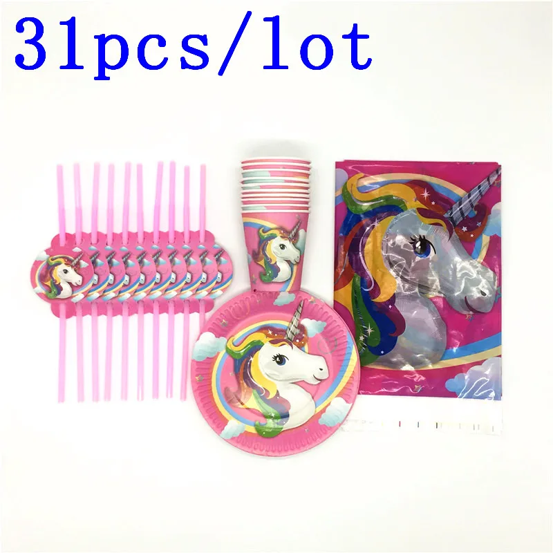 

31Pcs/Lot Pink Unicorn Theme Disposable Tableware Sets Baby Shower Children Birthday Party Decorations for 20 People Supplies