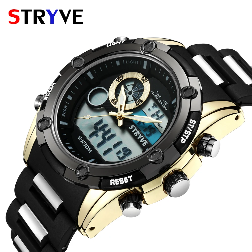 

relogio masculino Luxury Stryve Brand Military Heavy Dial Quartz Digital Dual Time Clock 30m Water Resistant Men's Sports Watch