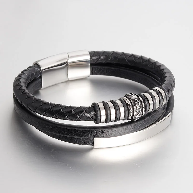 

Punk Brown Genuine Leather Bracelet Braided Rope Chain Stainless Steel Wristband Magnetic Clasp Men Jewelry Vintage Gift