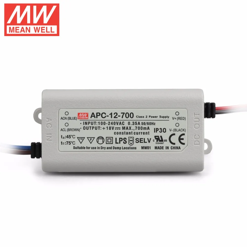 

Mean Well APC-12-700, 12W 9~18V 700mA LED Waterproof Driver, Single Output Switching Power Supply