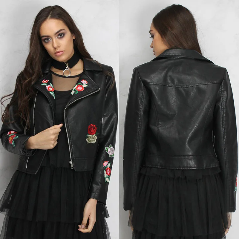 

2019 Autumn Women's New Embroidered Jacket Short Zipper Motorcycle Short Leather Jacket Jaqueta Feminina Coat Female Women Coat