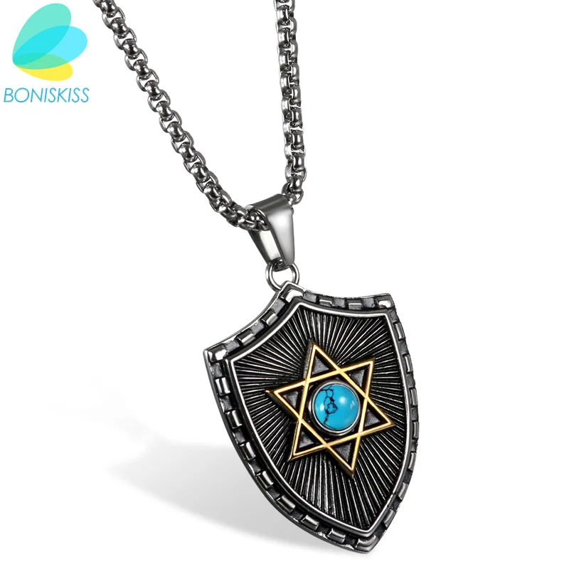 Boniskiss Fashion Big Shield Pendants 2017 Necklaces For Men Women Stainless Steel Punk Hexagram Blue/Black Crystal Pendant