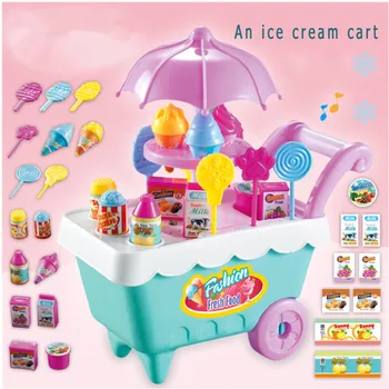 

19pcs Kids Simulation Kitchen Toys Ice Cream Candy Trolley Toys with Rotating Music Light Food Supermarket Cart Pretend Play Set