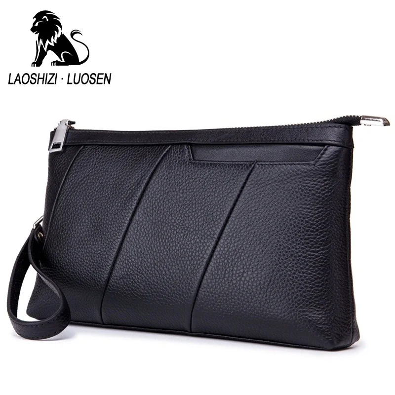 

LAOSHIZI LUOSEN Genuine Leather Men Clutch Bags Brand Business Casual Handbag Male Handy Bag Zipper Long Envelope Men Phone Bag