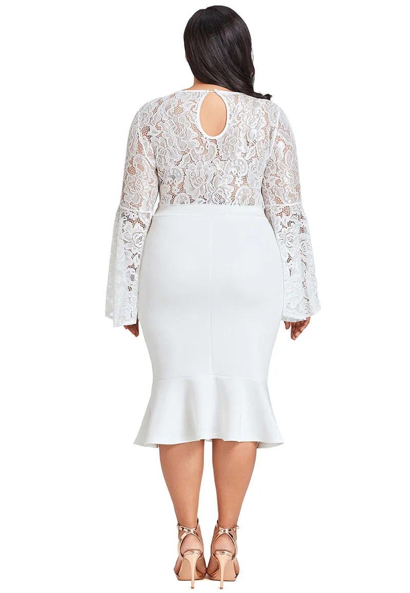 White-Plus-Size-Lace-Bell-Sleeve-Mermaid-Bodycon-Dress-LC61875-1-5
