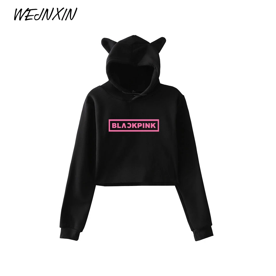 

WEJNXIN Kpop BLACKPINK Kawaii Cat Ear Hoodies Women Kpop Fans Support Sweatshirt Ladies BLACKPINK Letter Print Crop Tops Clothes