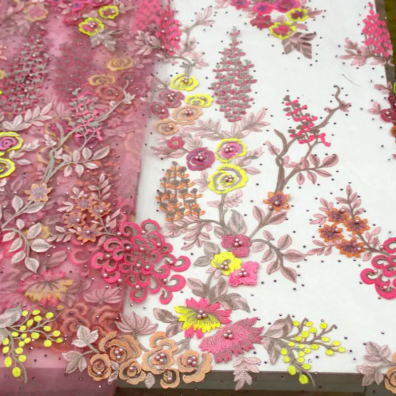 

2019 High Quality French 3D Tulle Beaded African Lace Fabric With Stones Embroidered Baby Pink Nigerian Lace Fabrics RG045