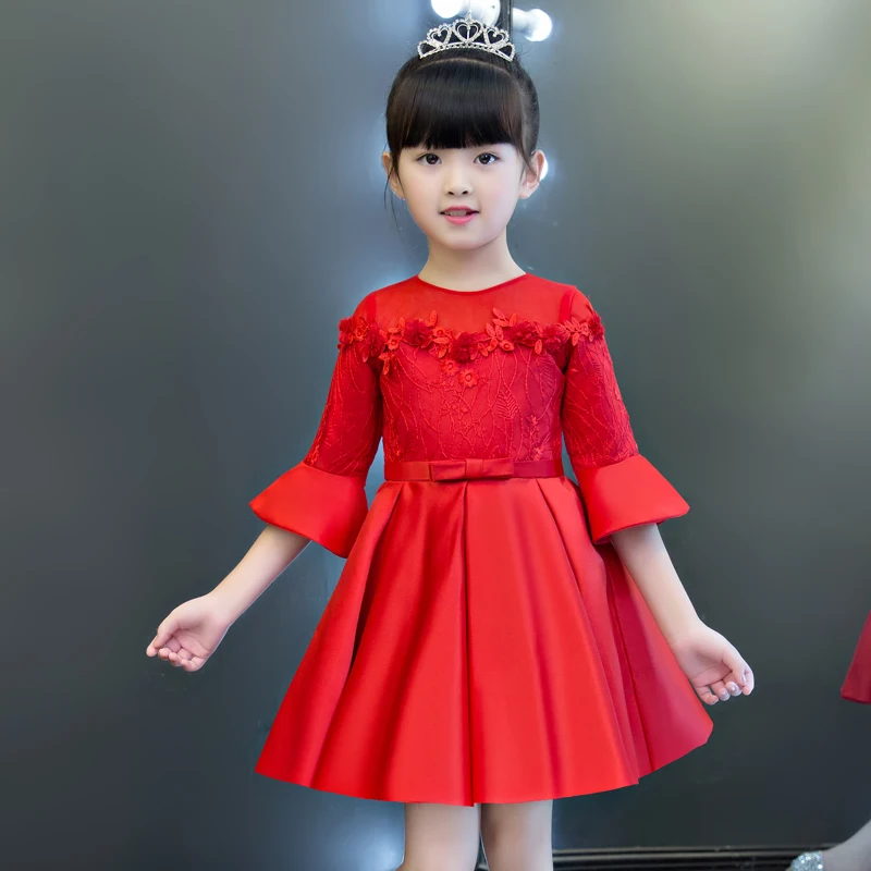 

Children Girls Babies Birthday Wedding Evening Party Red Color Princess Dress Kids Lovely Elegant Flare Sleeves Ball Gown Dress
