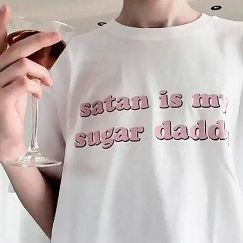 Satan Is My Sugar Daddy Tumblr T Shirt Women Aesthetic Clothing Girls Kawai...