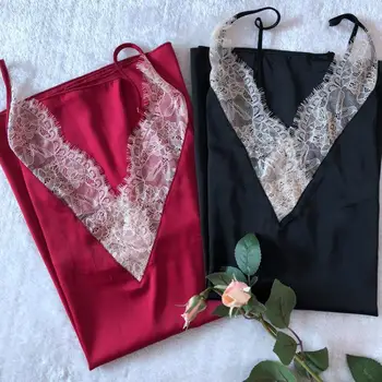 

2020 Sexy Lace Trim Sleepwear Spaghetti Strap Home Shirt Casual Satin Nightdress Nightgown Summer Backless Negligee Lingerie