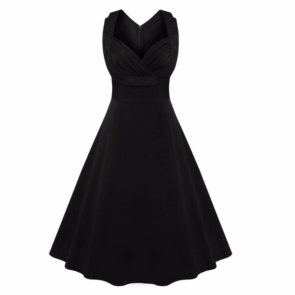 Женское платье большого размера, хлопковое эластичное винтажное платье без рукавов, Ретро стиль, рокабилли, Одри Хепберн, большой подол, Feminino Vestidos - Цвет: Black