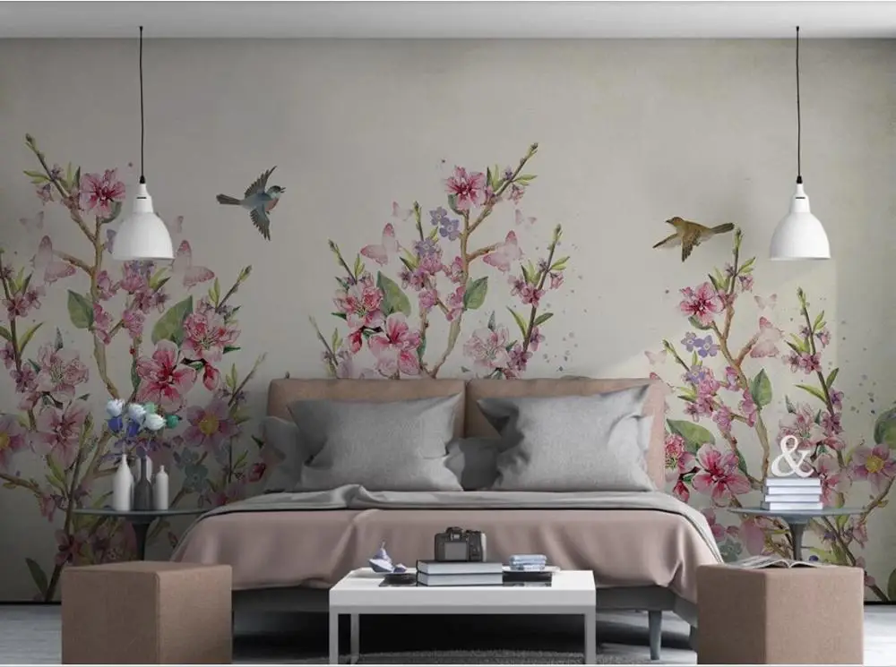 

Private custom modern hand-painted peach TV sofa living room bedroom background wallpaper mural