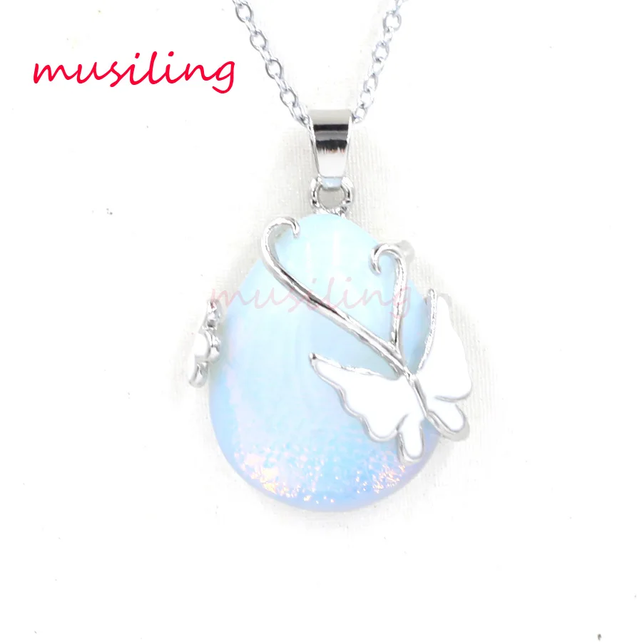 

Butterfly Water Drop Pendant Necklace Chain Natural Stone Reiki Pendulum Accessories Wicca Witch Amulet Jewelry For Women 1 pcs