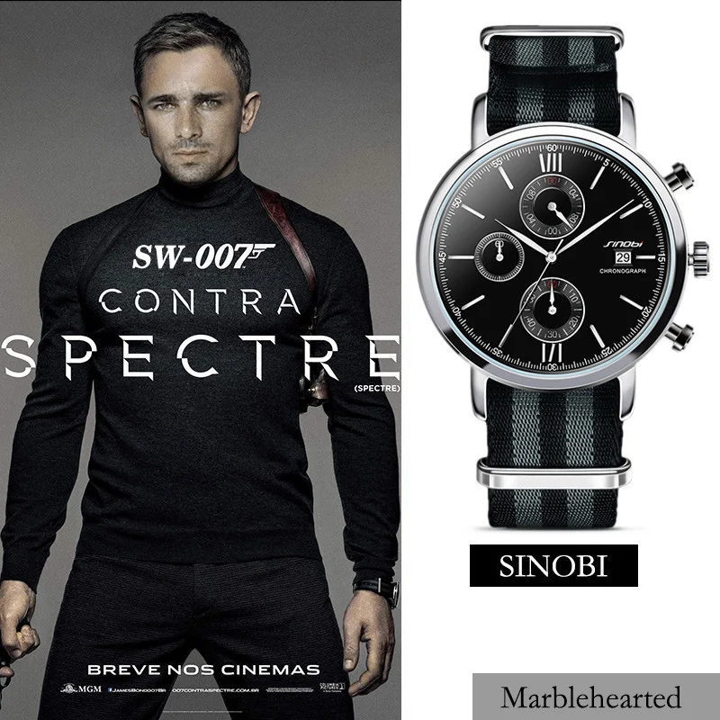 

SINOBI Men Sports Military Watches with NATO Nylon Watchband Male Chronograph Quartz Wristwatch Waterproof James Bond 007 Clock