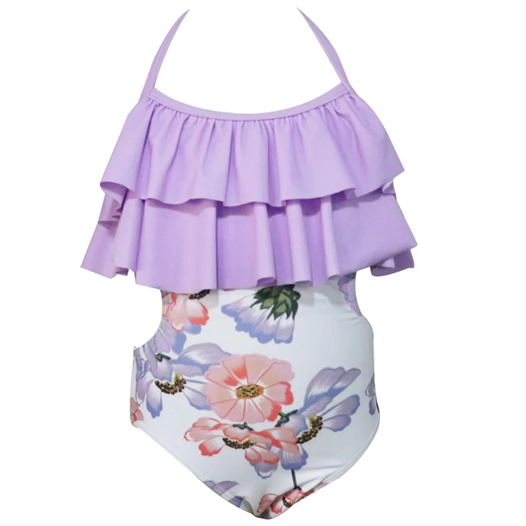 CHAMSGEND г. Летняя Популярная женская одежда купальный костюм для родителей и детей, Цельный купальник бикини с цветочным рисунком, без рукавов, с вырезом на шее - Цвет: Фиолетовый