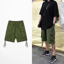 Модная повседневная одежда, пляжные шорты с лентами для мужчин, скейтборд, хип-хоп, хлопок, зеленые короткие штаны, несколько карманов, мужские шорты-Карго