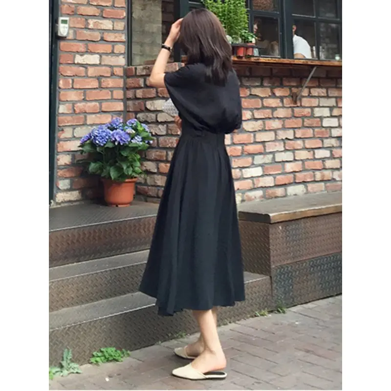 Летнее повседневное сексуальное элегантное корейское офисное винтажное женское платье миди черное свободное однотонное женское модное платье с высокой талией