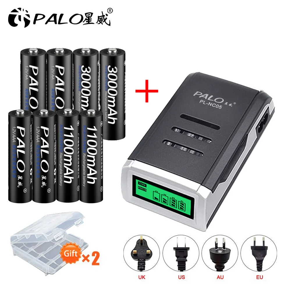 Goedkoop PALO 4 STUKS 1.2V NI MH AA oplaadbare batterij + 4 STUKS 1.2V aaa oplaadbare Batterijen + LCD display smart battery charger voor AA AAA