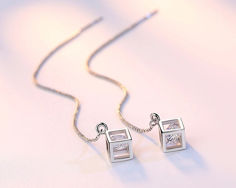 Простые Стильные 925 пробы серебряные серьги с длинной цепочкой и кисточками для женщин AAA Цирконий Кубик Рубика кулон серьги-капли Kolczyki