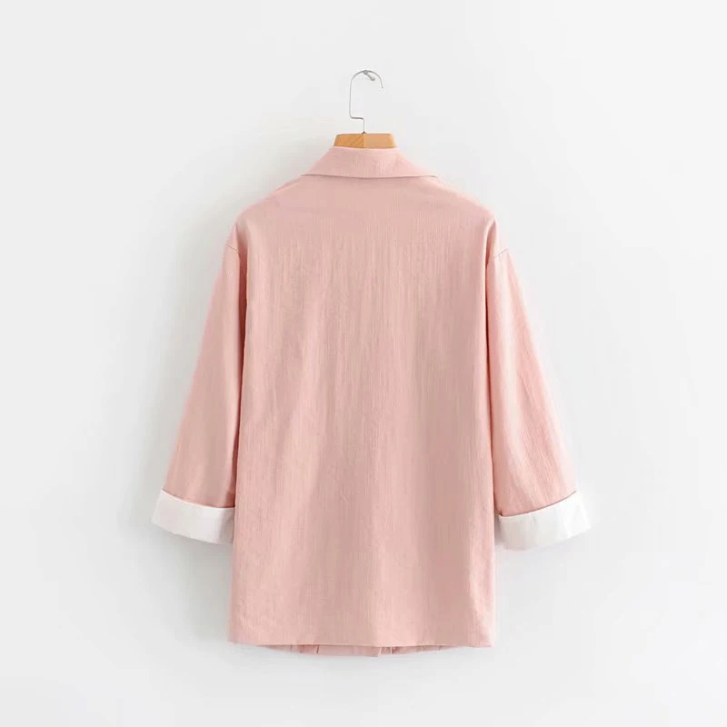 GOPLUS 2019 New Spring Korean Blazer Noteched Double Breasted Blazers Women OL Office Lady Cotton Linen Pink Green Blazer  C7801
