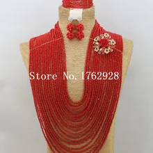 Роскошные Многослойные красный африканский нигерийский Свадебный комплект ювелирных изделий Кристалл Бусины Цепочки и ожерелья браслет серьги