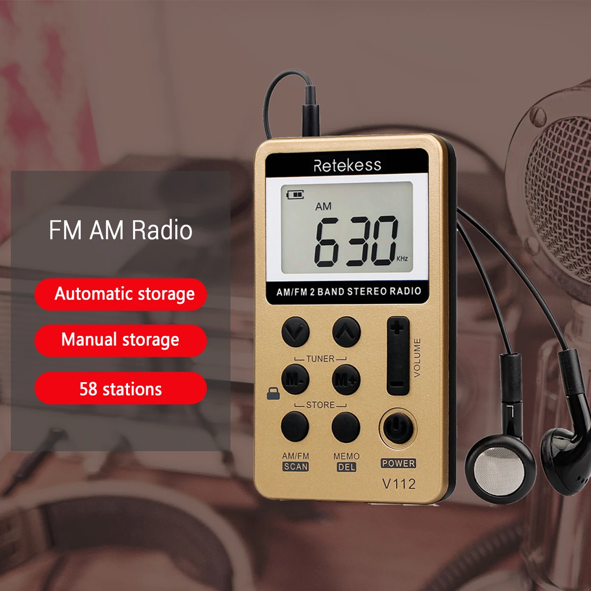 Universal - V112 Mini radio de poche Récepteur radio FM AM 2 bandes Tuning  numérique avec casque à batterie rechargeable F9202, Radio de poche