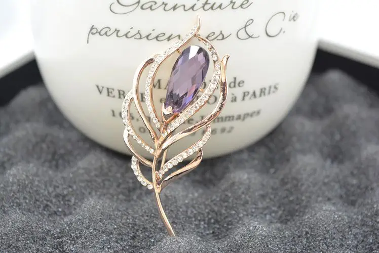 

New fashion high-grade purple corsage paradise feather brooch pin Crystal from Austrian For Women Female Wedding Party