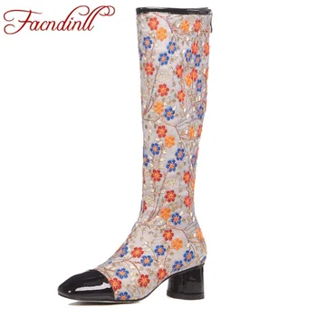 

FACNDINLL high quality women knee high boots shoes new fashion high heel square toe zipper woman dress party autumn winter boots